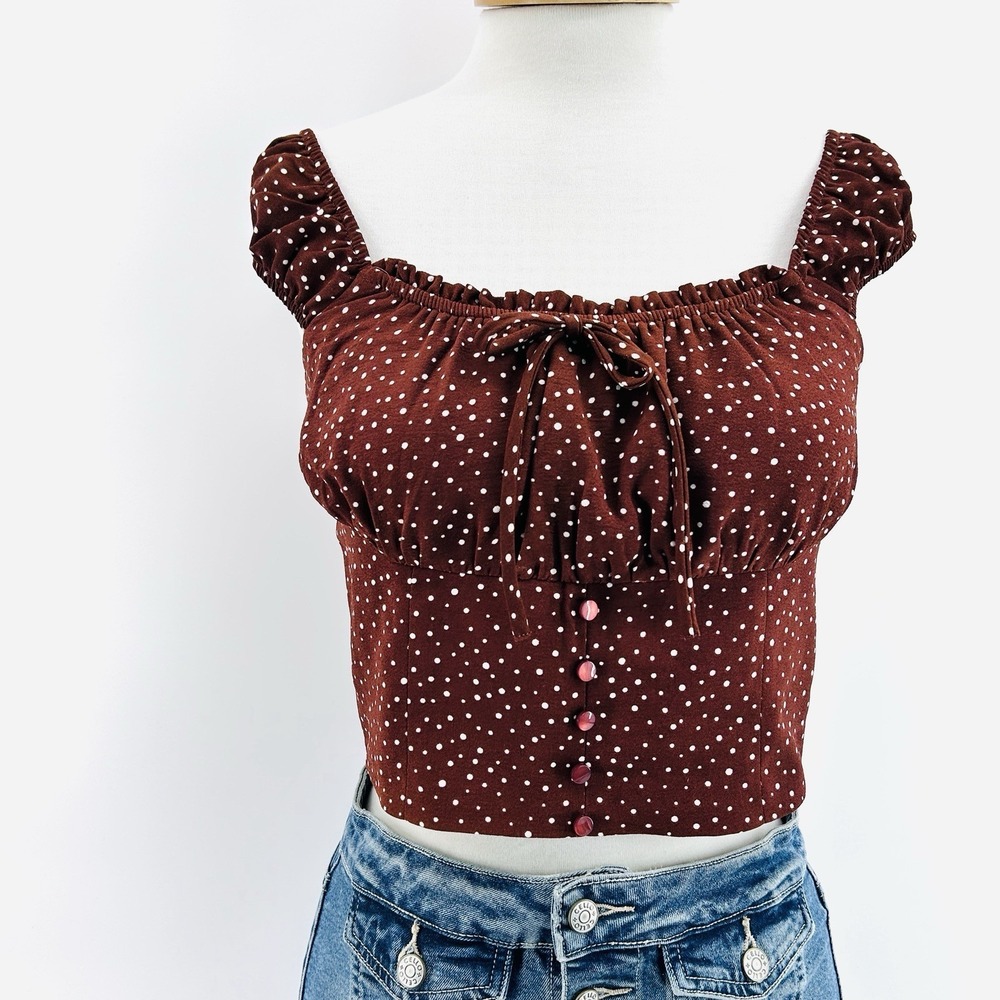 Coquette Milkmaid Crop Top M Brown Polka Dot Corset Cottagecore Puff Sleeve